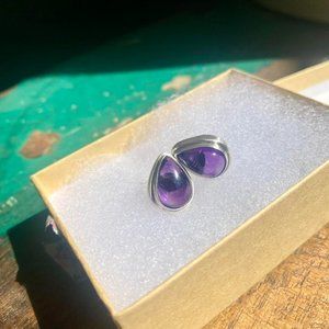 Sterling silver and amethyst teardrop shaped cabochon post earrings- 5/8"